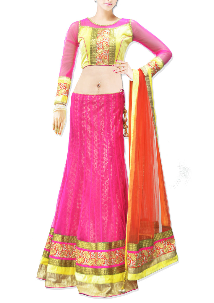 Pink lehanga with yellow velvet blouse and orange choli