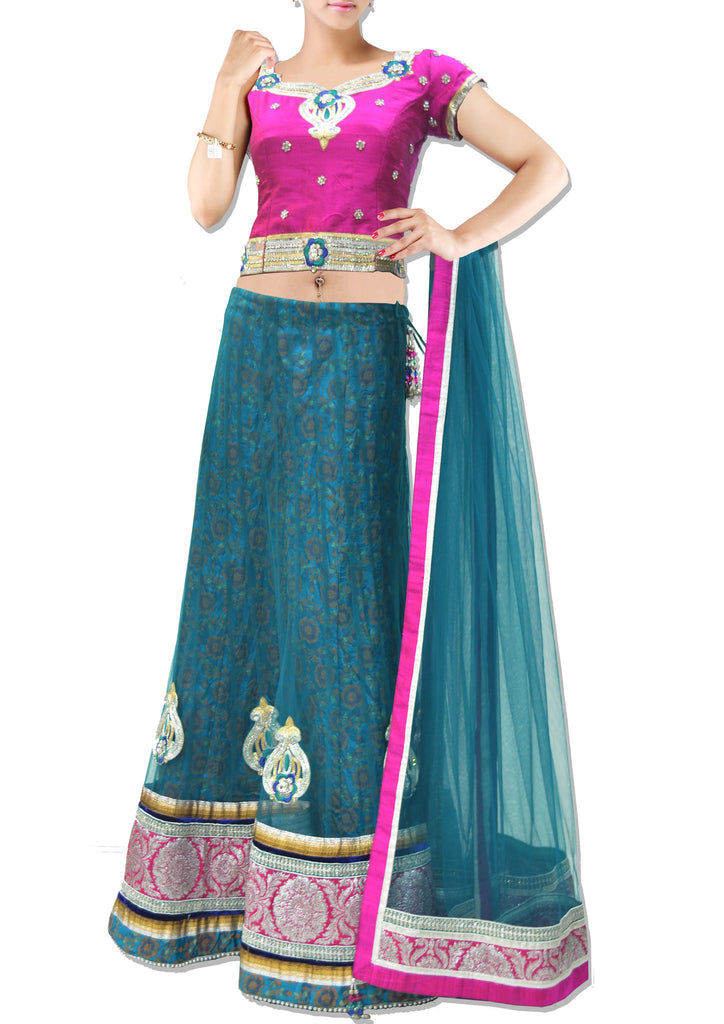 Peacock blue lehanga choli with pink blouse