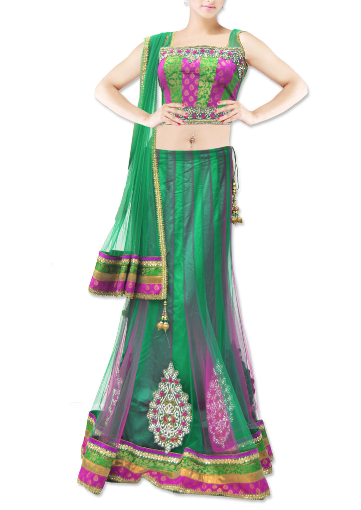Green lehanga choli with pink with green blouse