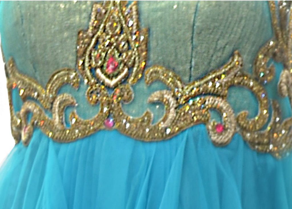 Beautiful turquoise blue round neck net evening gown