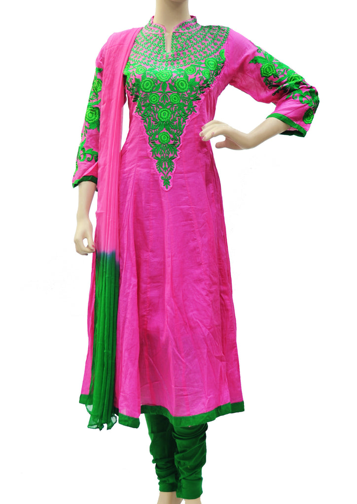 Lovely pink pure cotton anarkali dress with green floral thread work