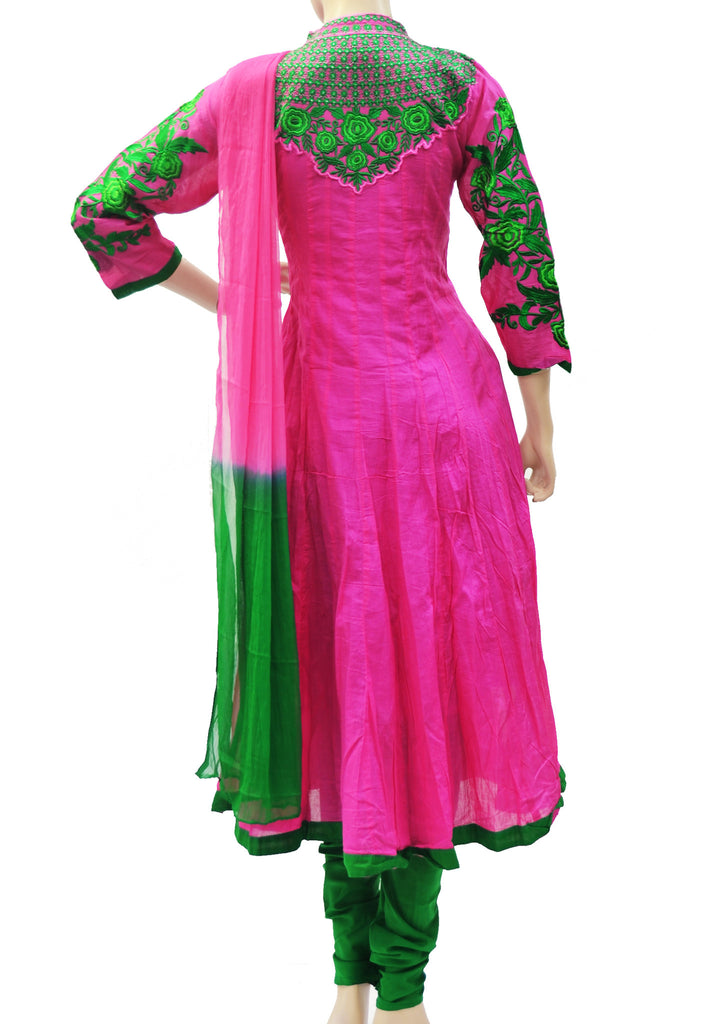 Lovely pink pure cotton anarkali dress with green floral thread work