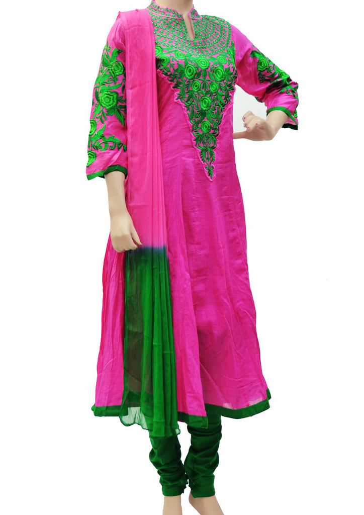 Lovely pink pure cotton anarkali dress with green floral thread work
