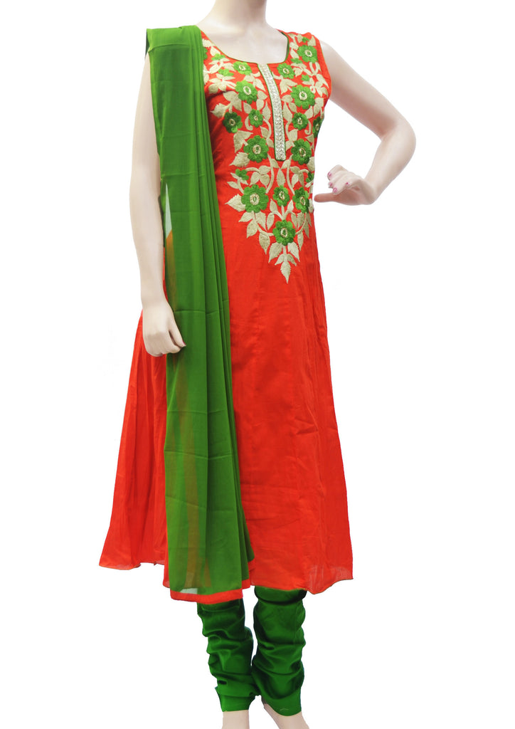 Delightful orange pure cotton anarkali dress with green thread floral embroidery