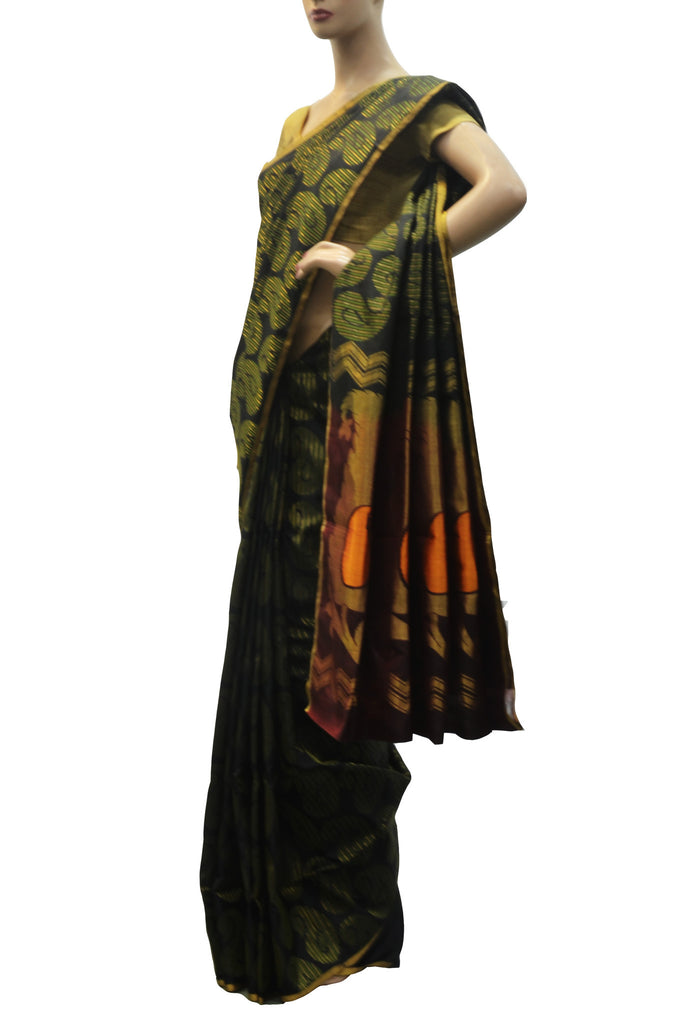 Black and green mango motif designer silk saree