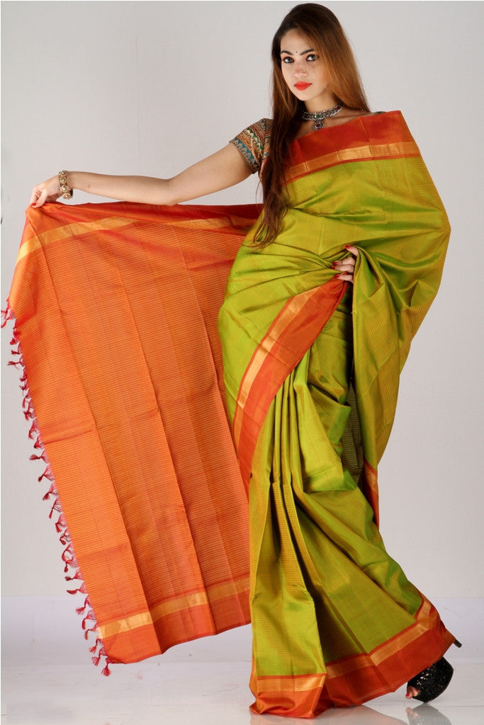 Shimmering green and brown pure Kanjivaram silk saree