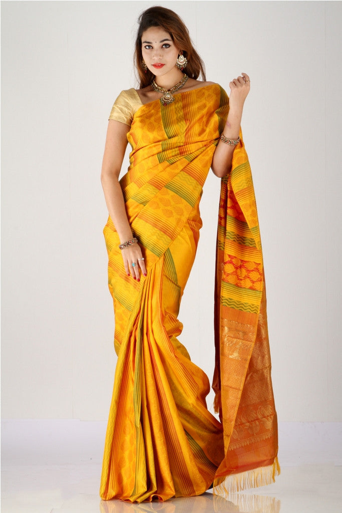 Dazzling mustard yellow Kanjivaram pure silk saree
