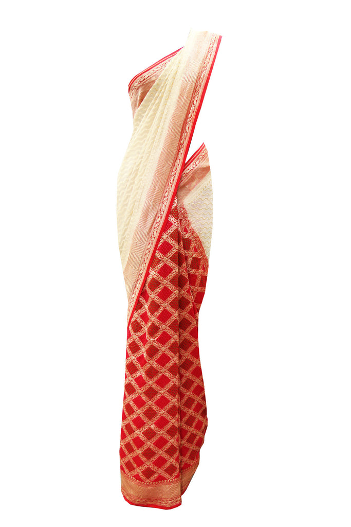 Charming Cream-Red Banarasi Saree