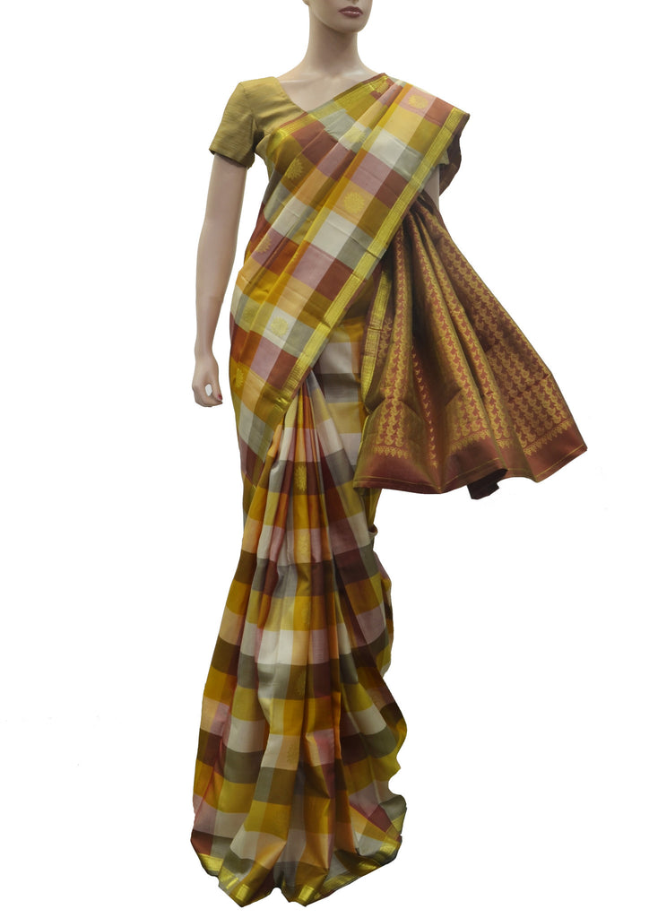 Multichecks with zari boota pure kanjivaram saree