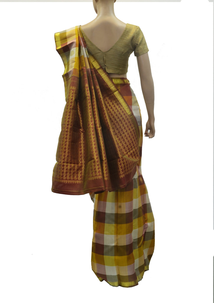 Multichecks with zari boota pure kanjivaram saree