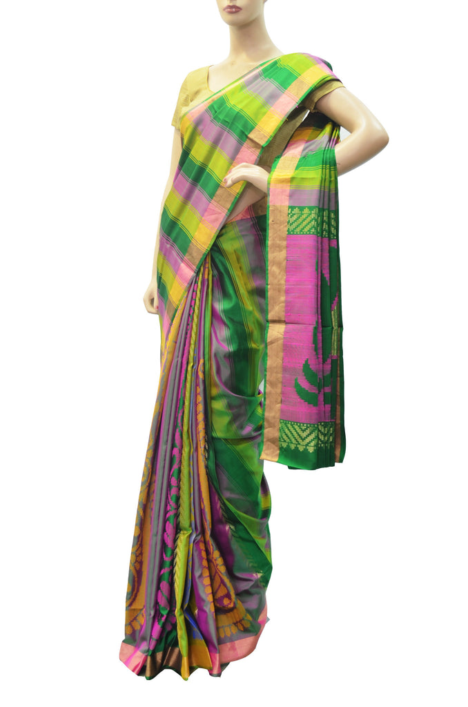 Green soft silk jute hand woven saree