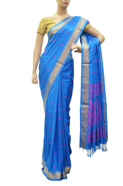 Royal blue hand woven katan work silk saree
