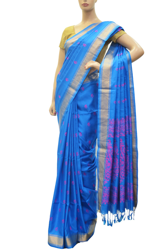 Royal blue hand woven katan work silk saree