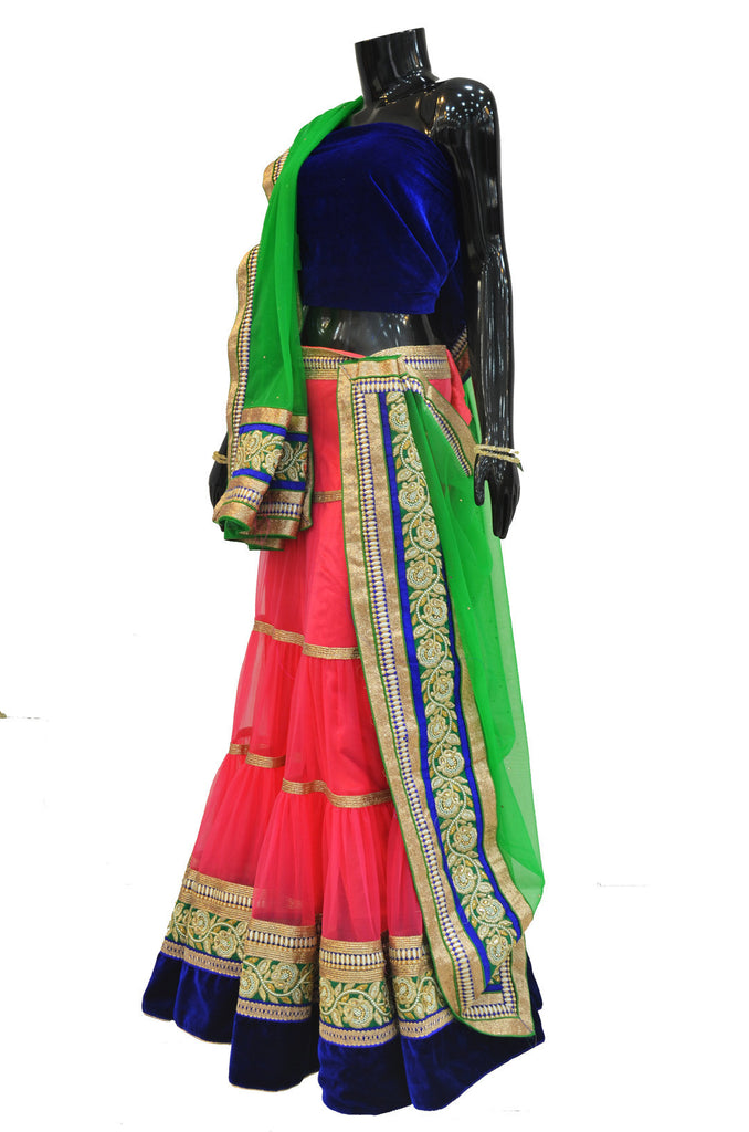 Alluring Melon Pink Lehenga with Green Border