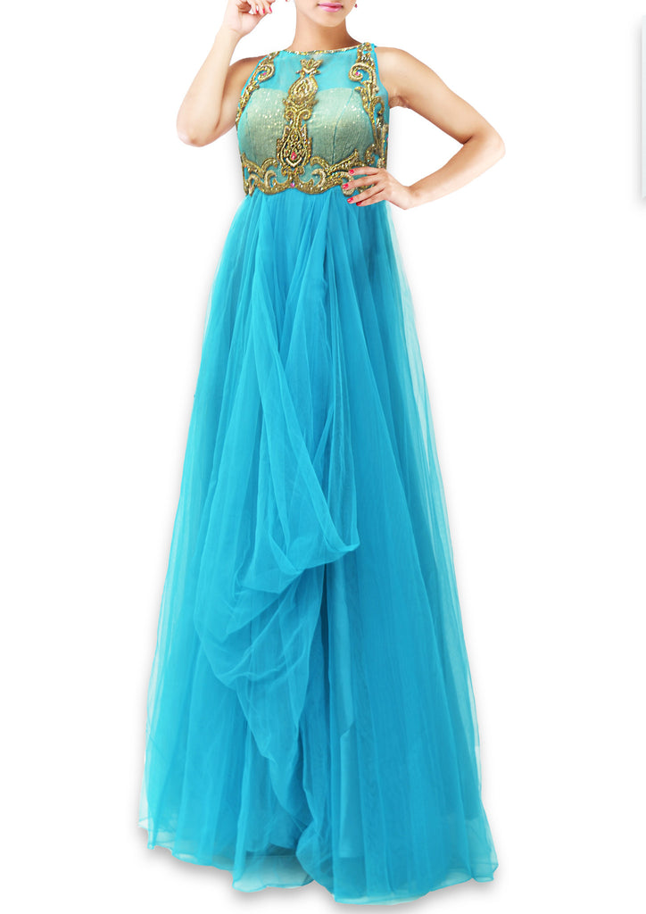 Beautiful turquoise blue round neck net evening gown