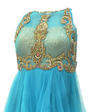 Beautiful turquoise blue round neck net evening gown