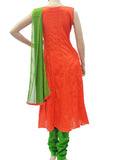 Delightful orange pure cotton anarkali dress with green thread floral embroidery