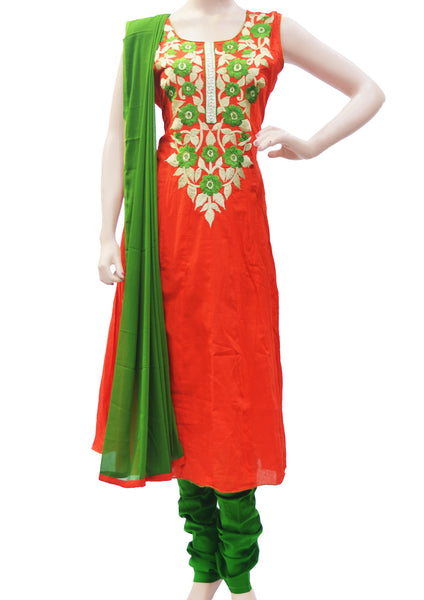 Delightful orange pure cotton anarkali dress with green thread floral embroidery