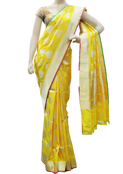 Sizzling Yellow with plain golden border saree