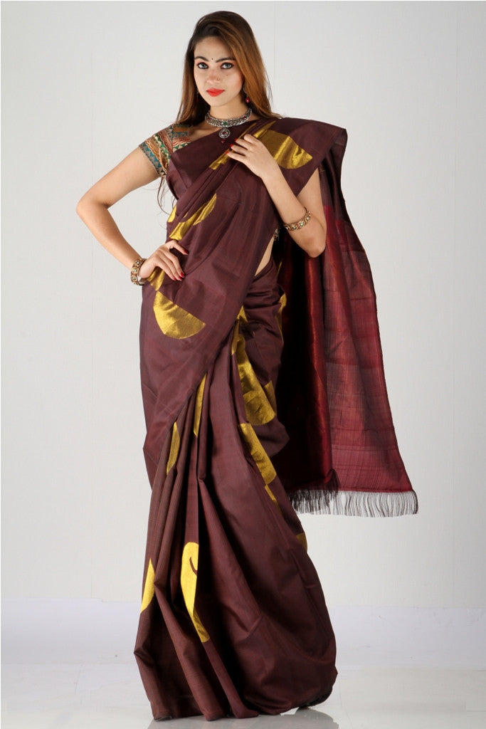 Stunning chocolate brown striped dark green kanjivaram silk saree