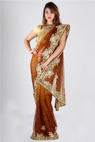 Angelic golden brown net saree