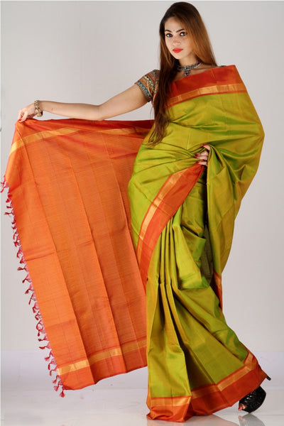 Shimmering green and brown pure  Kanjivaram silk saree