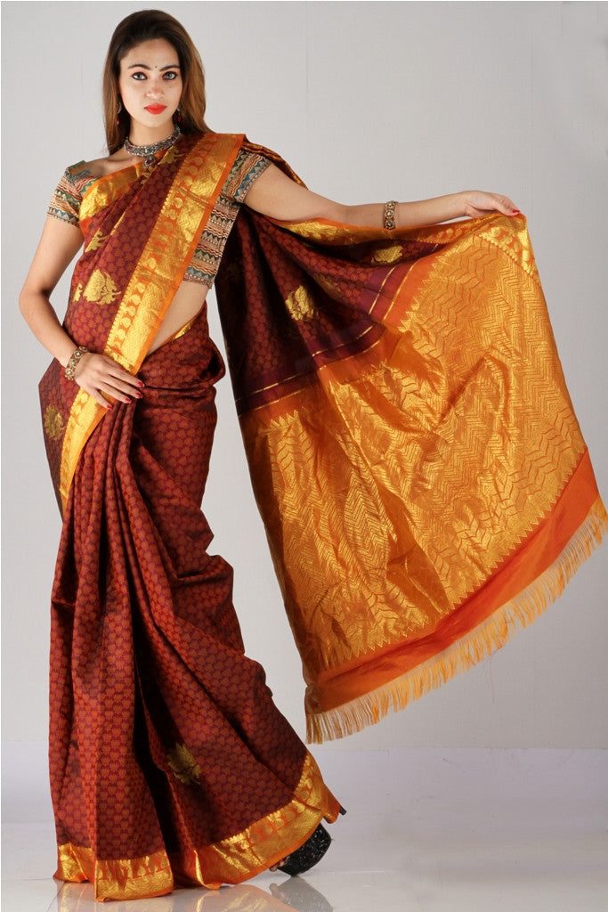 Elegant brick red kanjivaram silk saree