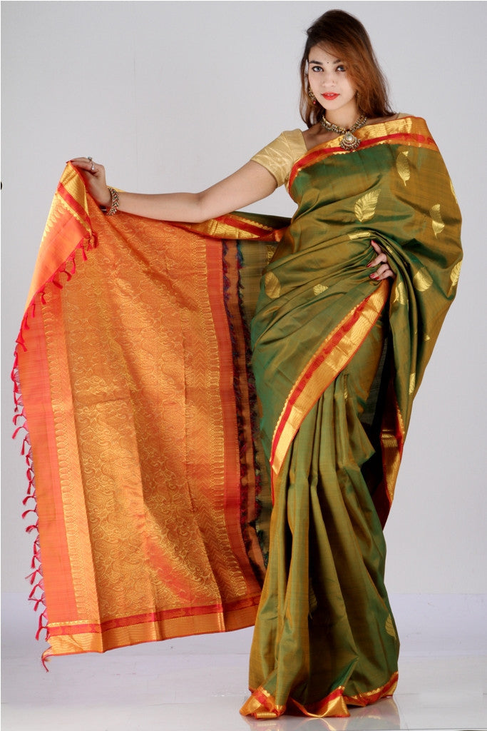 Shimmering olive green zari touch Kanjivaram silk saree