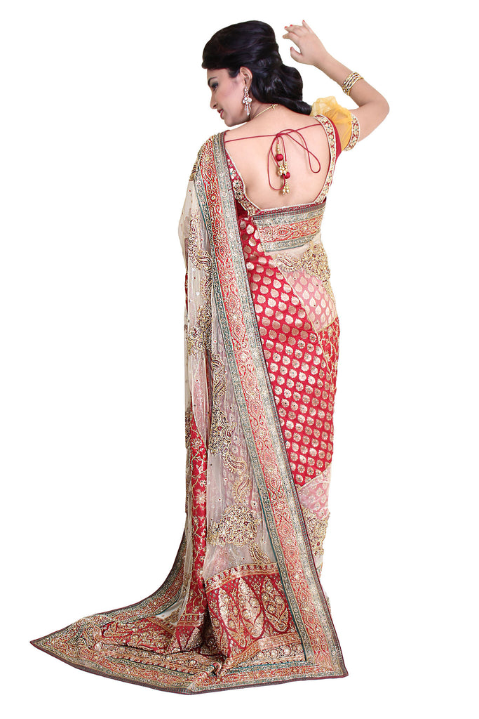 Sophisticated Cream-Red Wedding Saree