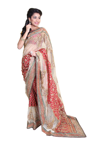 Sophisticated Cream-Red Wedding Saree