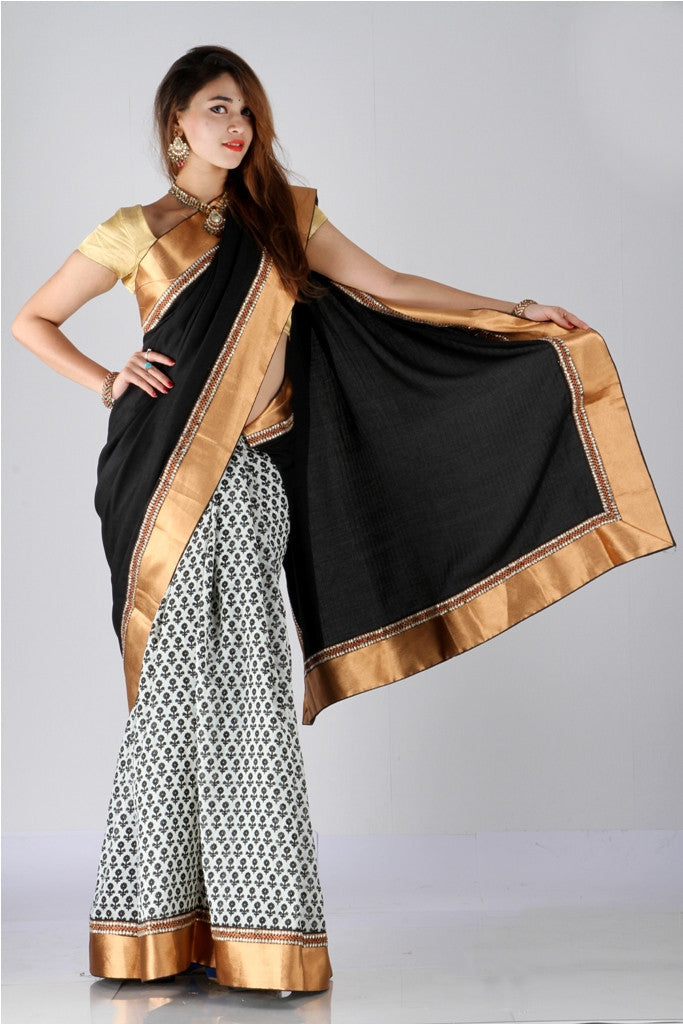 Classy Black with milky white half and half soft jute silk saree