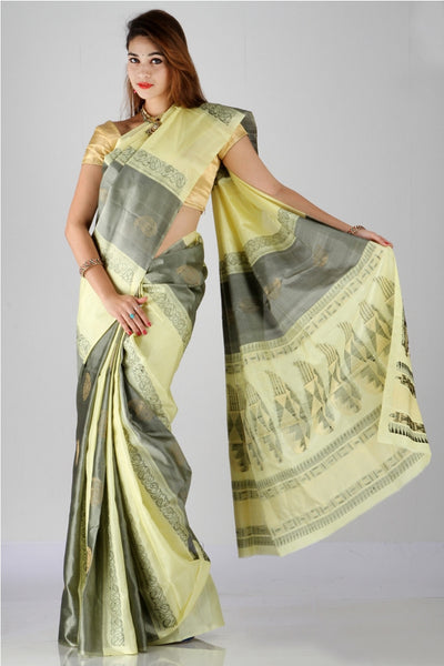 Enticing lemon yellow and elephant grey kanchipuram silk saree