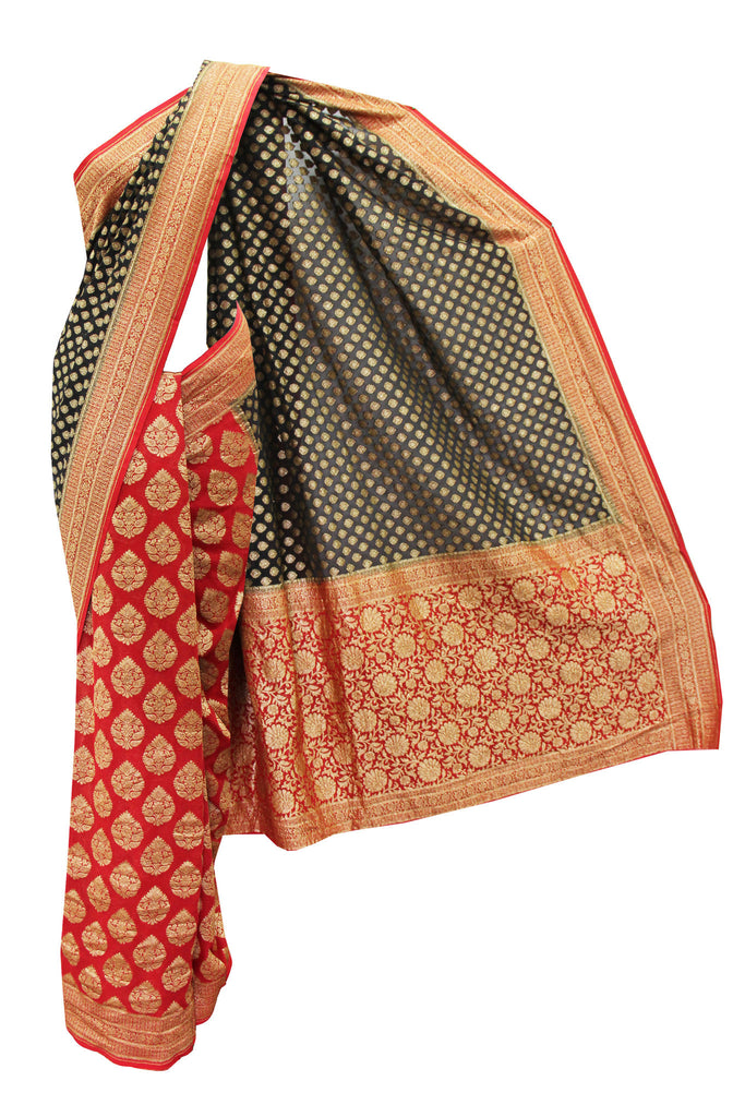 Gorgeous Black-Red Banarasi Sari