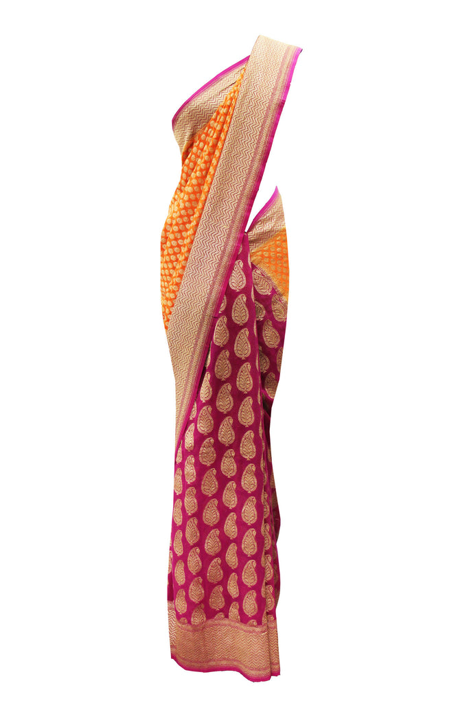 Sizzling Magneta- Orange Banarasi saree