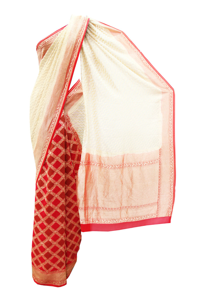 Charming Cream-Red Banarasi Saree