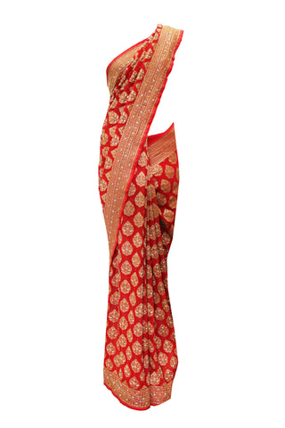 Envious Bridal Red Banarasi saree