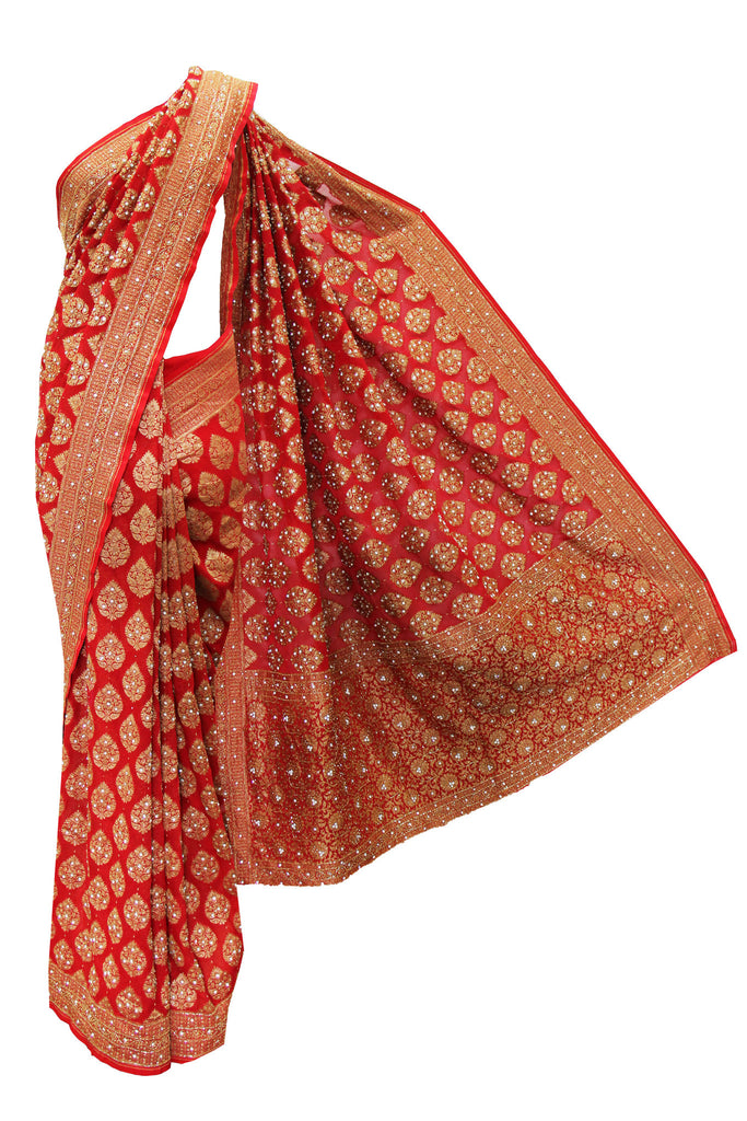 Envious Bridal Red Banarasi saree