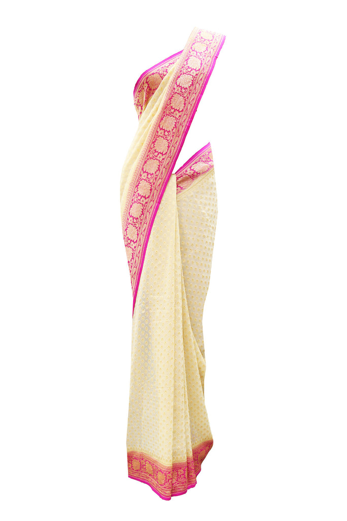 Dazzling Cream & Pink Banarasi Sari